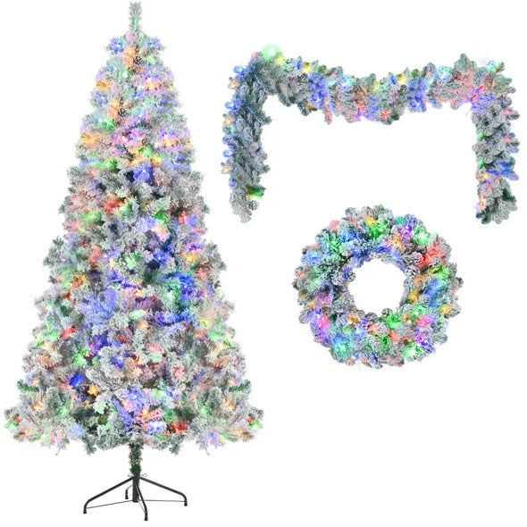 6FT Snow Flocked Christmas Pre Lit Set With Tree Garland Wreath, Artificial Hinged With Colorful LED Lights8 Lighting Modes, Pine Cones