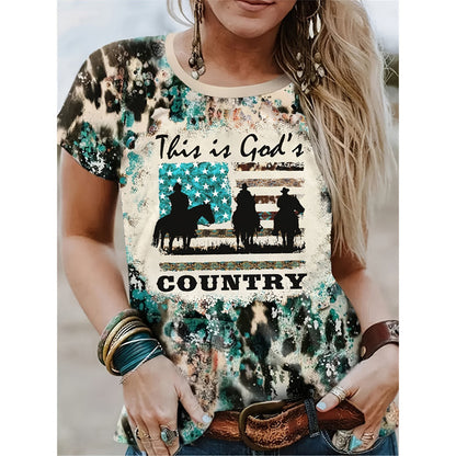 Women's Western Cowboy Print T-Shirt - Loose Fit Crew Neck Short Sleeve Tee, Color Block Design, Breathable Top