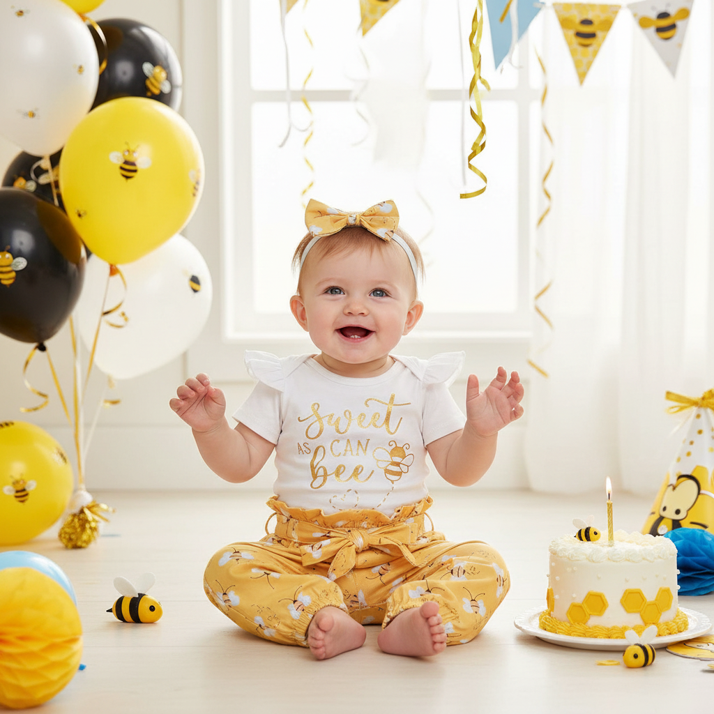 Infant Baby Girl Sweet Outfits Letter Print Romper Honey Bees Pants Bowknot Headband Clothes Set WEARING IT First birthday parties