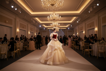 Red corset bodice and layered ivory tulle skirt wedding gown, standing on runway