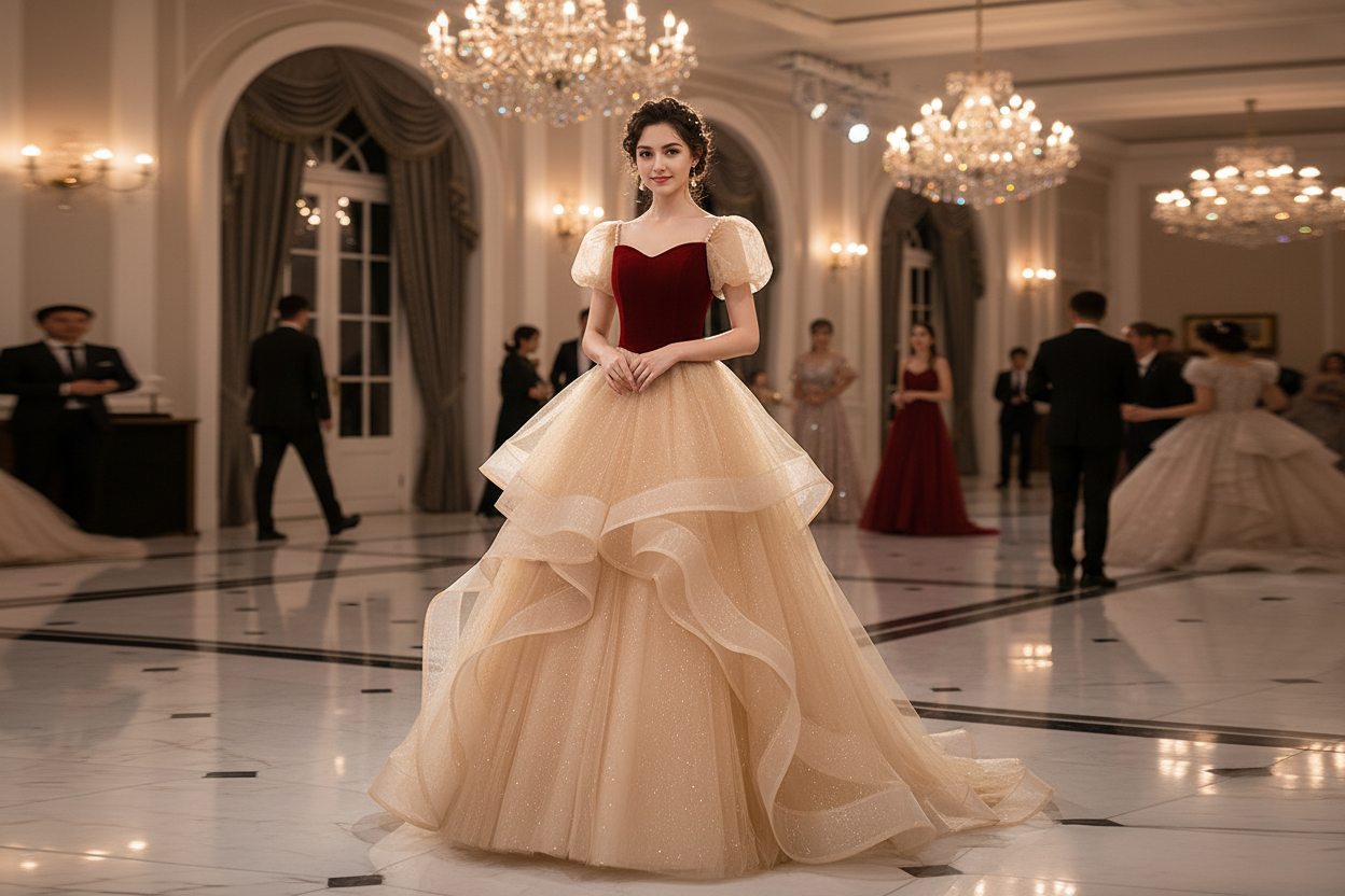Red velvet bodice wedding gown with puff sleeves and layered tulle skirt