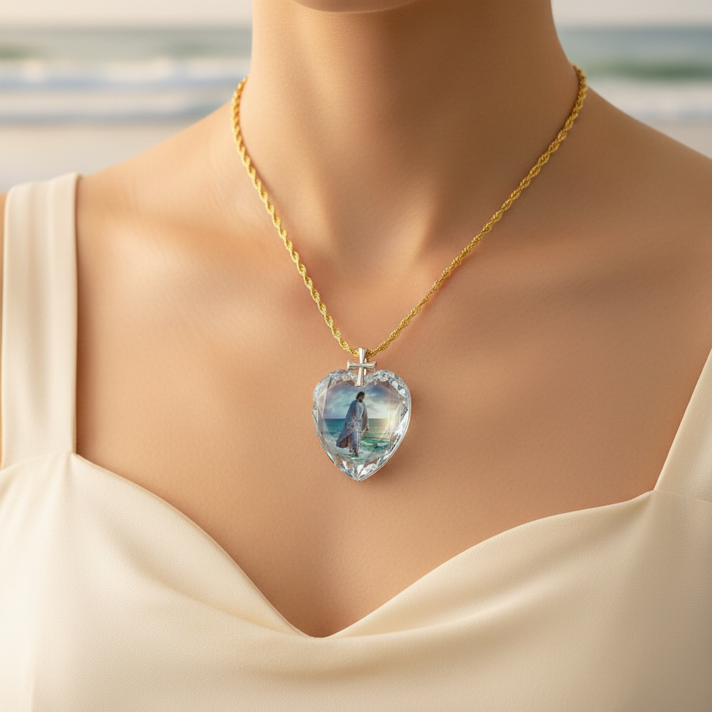 Heart crystal pendant necklace featuring a blue heart pendant with cross on gold chain