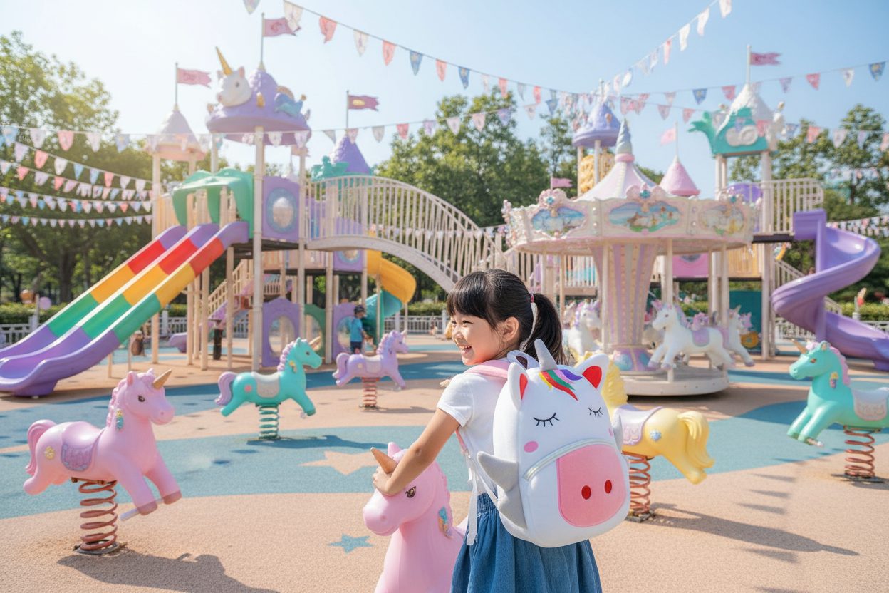 Unicorn plush backpack with pink ears and rainbow-colored mane