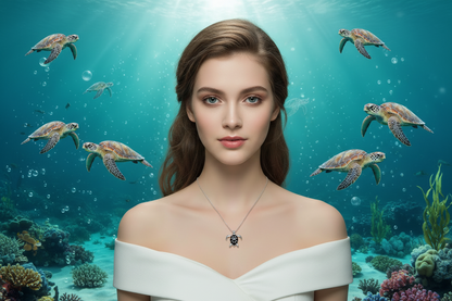 Turtle-shaped silver pendant necklace with a fine chain resting on the chest