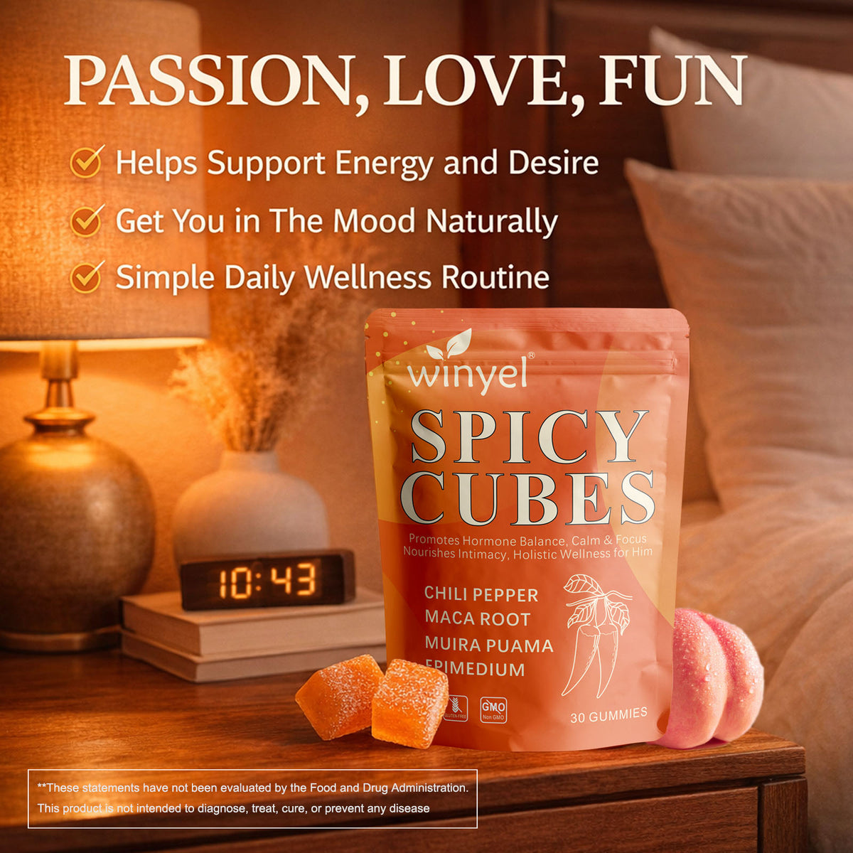 Spicy Cubes pouch with orange gummy cubes on a tabletop