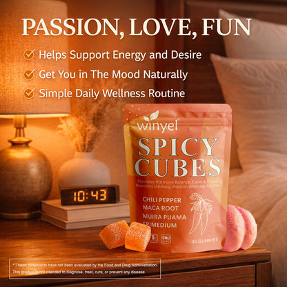 Spicy Cubes pouch with orange gummy cubes on a tabletop