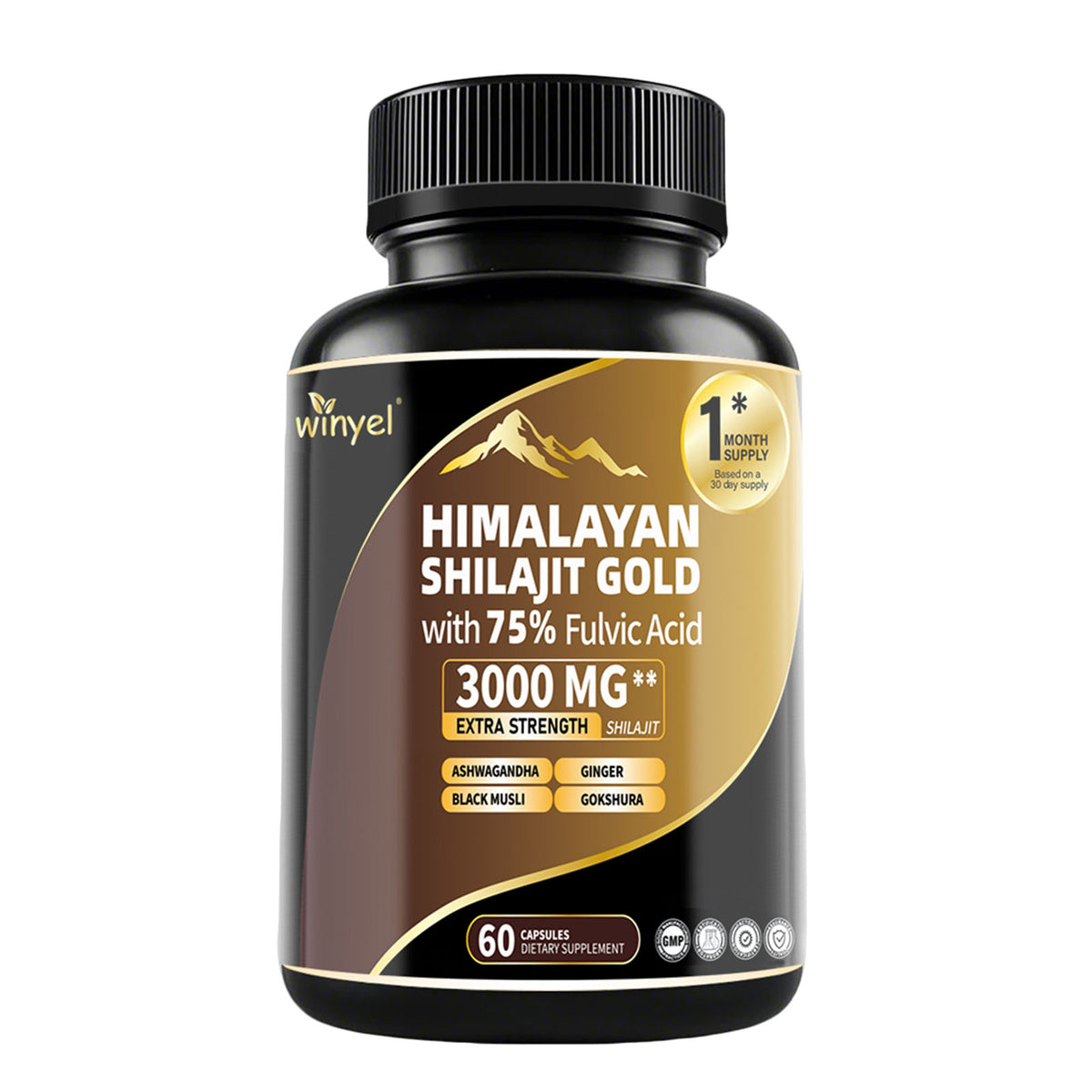 Shilajit Gold capsules bottle front view with black ribbed cap and gold label