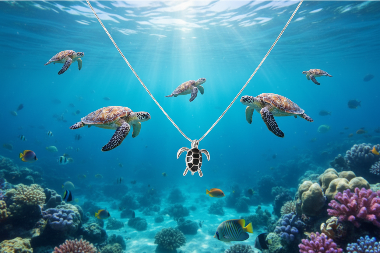 Silver turtle pendant in the center of a long chain necklace with open flippers