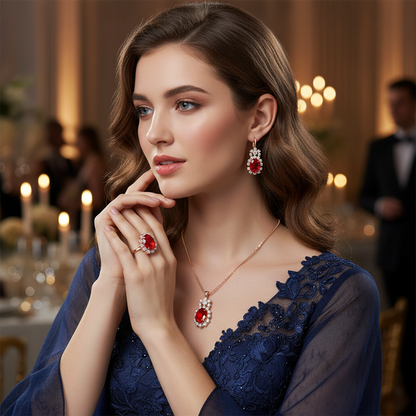 Water-drop crystal jewelry set with red teardrop pendant, red drop earrings, and ring