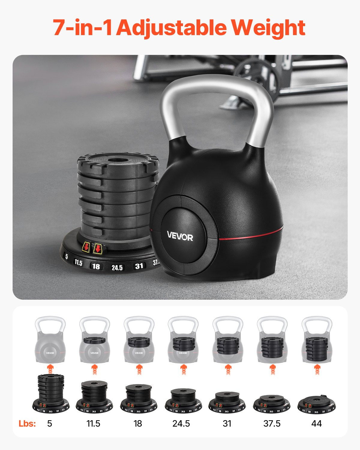 Black adjustable kettlebell with stacked weight plates on base and silver handle