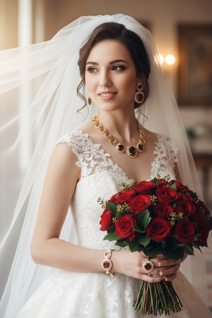 Gold-tone crystal necklace with red stones plus matching bracelet, earrings, and ring