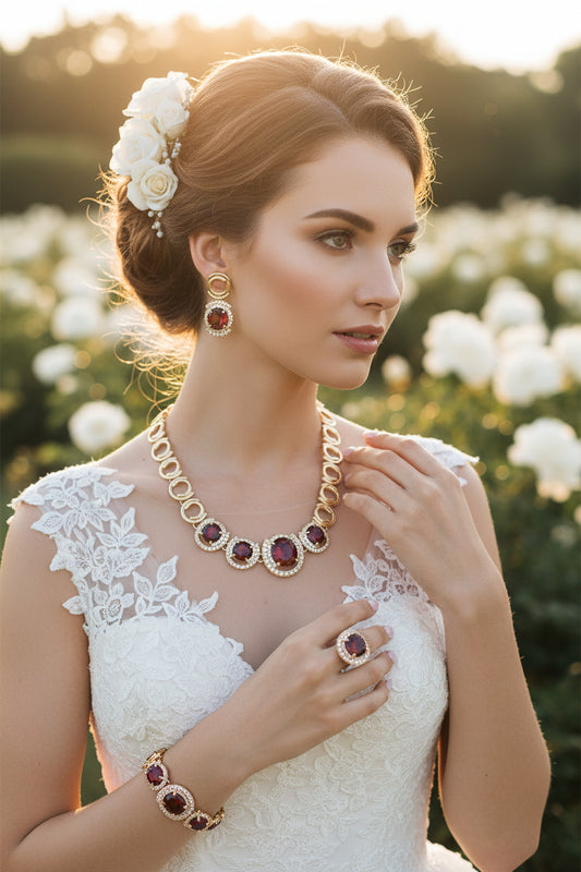 Gold-tone crystal red-stone necklace with drop earrings, bracelet and ring