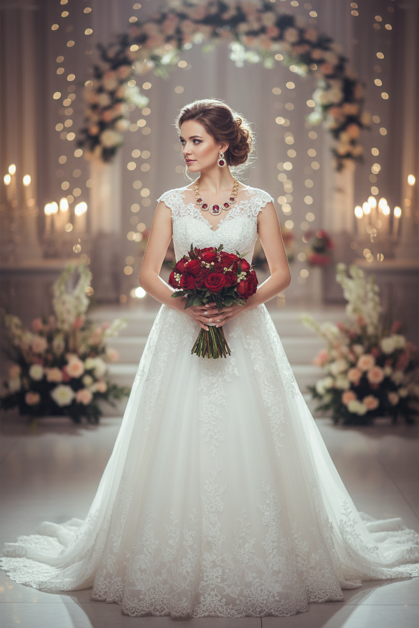 Gold-tone crystal necklace with red stones, matching earrings and ring set for brides