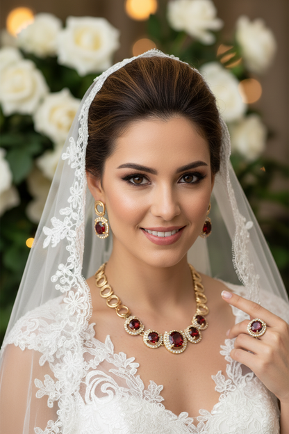 Gold-tone crystal necklace with red zircon stones, matching drop earrings and ring