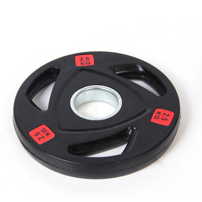 Single black 2.5 kg barbell weight disk with round cutouts, red KG numbers, center hole