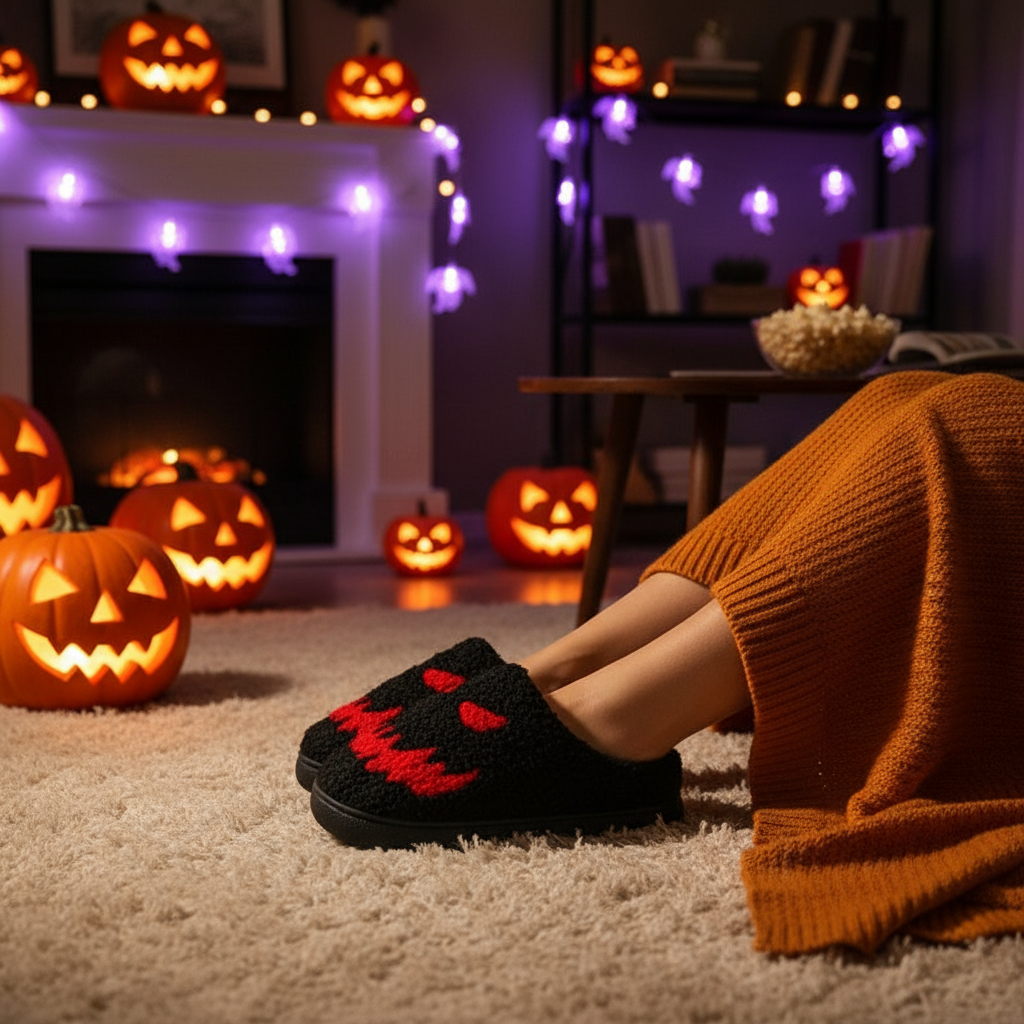 Halloween Skull Cartoon Print  Warm Winter, For Men Women Home Shoes Indoor Cotton Slippers