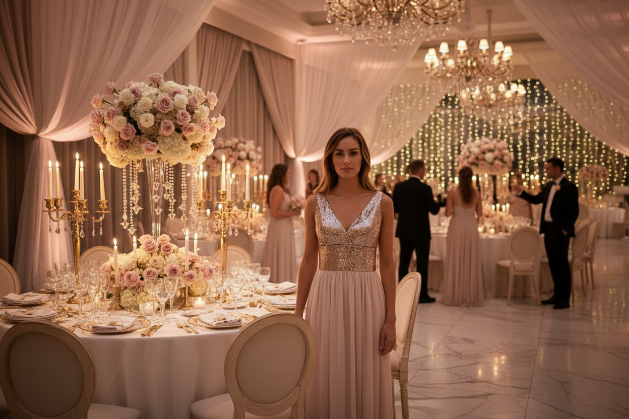 Champagne sleeveless V-neck dress with beaded bodice and pleated flowing skirt