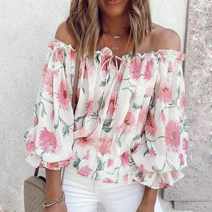 Off-shoulder floral chiffon blouse with ruffled sleeves, white with pink floral print