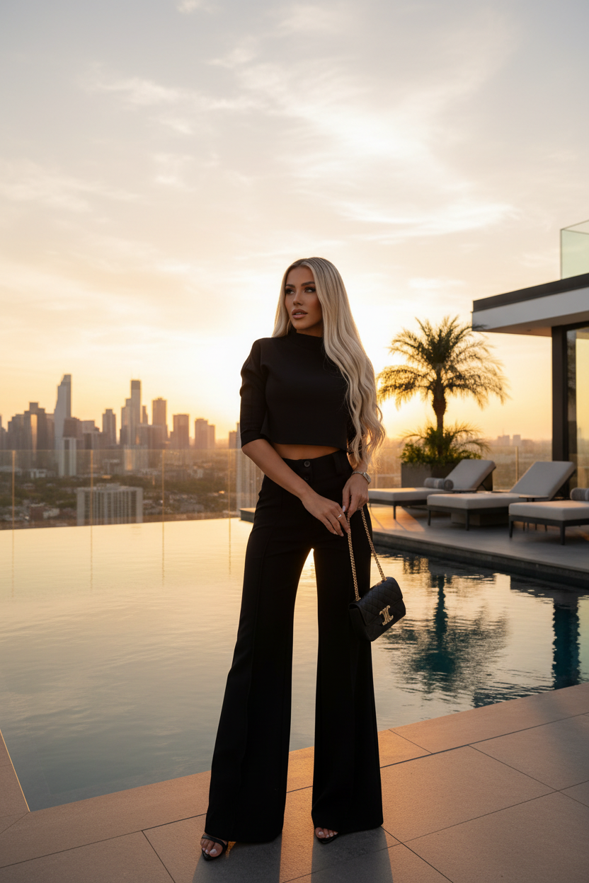 Black women’s two-piece half-sleeve top and straight-leg pants set with pockets