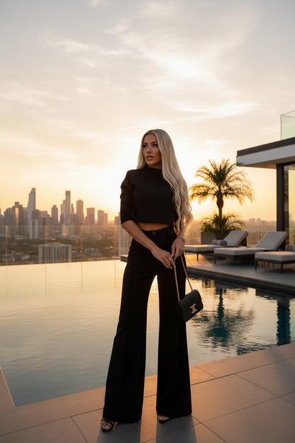 Black women’s two-piece half-sleeve top and straight-leg pants set with pockets