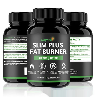 Set of black Dayneel fat burner supplement bottles with green Healthy Detox labels
