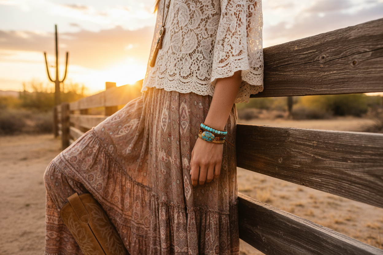 Turquoise bead chain bracelets on wrist beside patterned skirt
