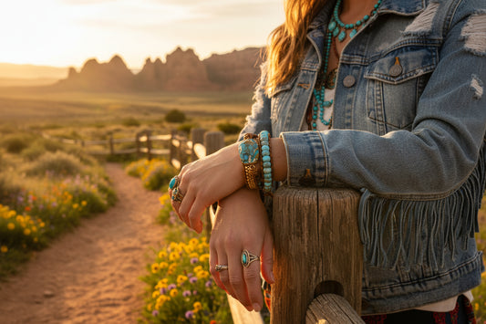 Turquoise bead chain bracelet set with gold-tone accents on wrist