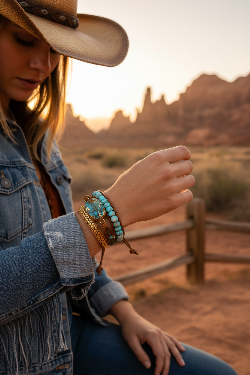 Turquoise bead chain bracelet with gold-tone charms on wrist