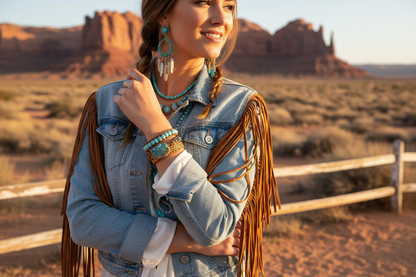 Turquoise bead chain bracelet with layered blue beads on denim sleeve