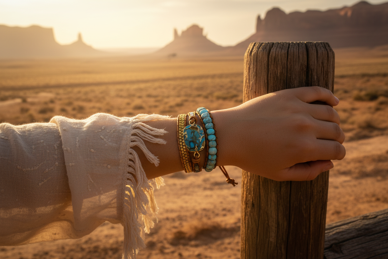 Close-up of turquoise bead and leather chain bracelet with layered straps