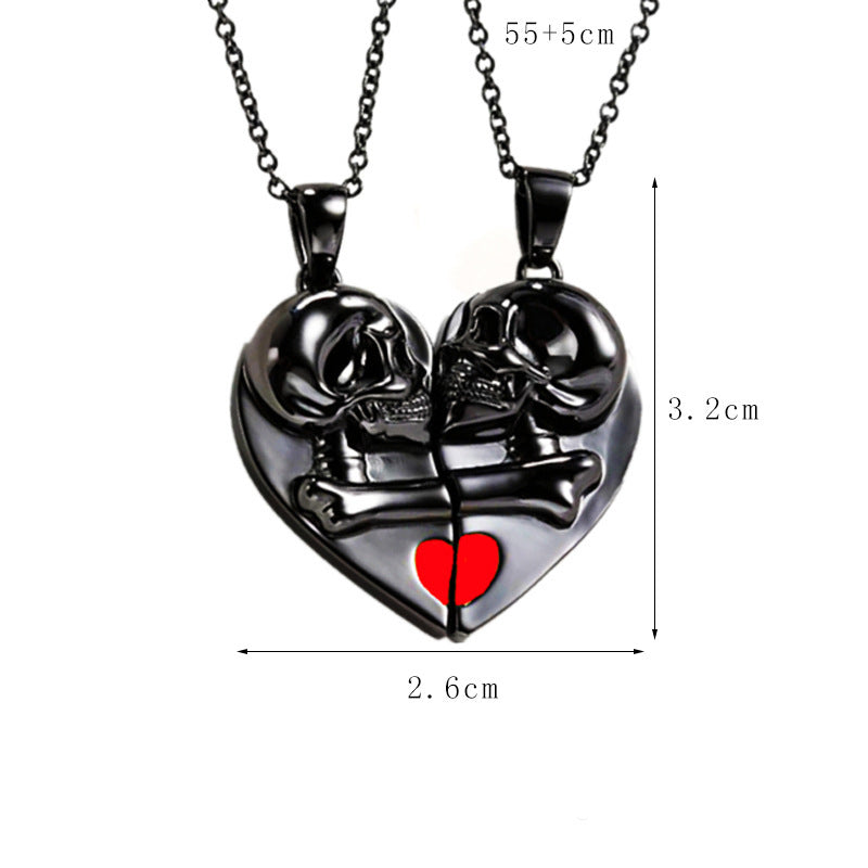 Punk Retro Skull Pendant Halloween Heart-shaped Magnetic Stitching Love Skull Couple Necklace
