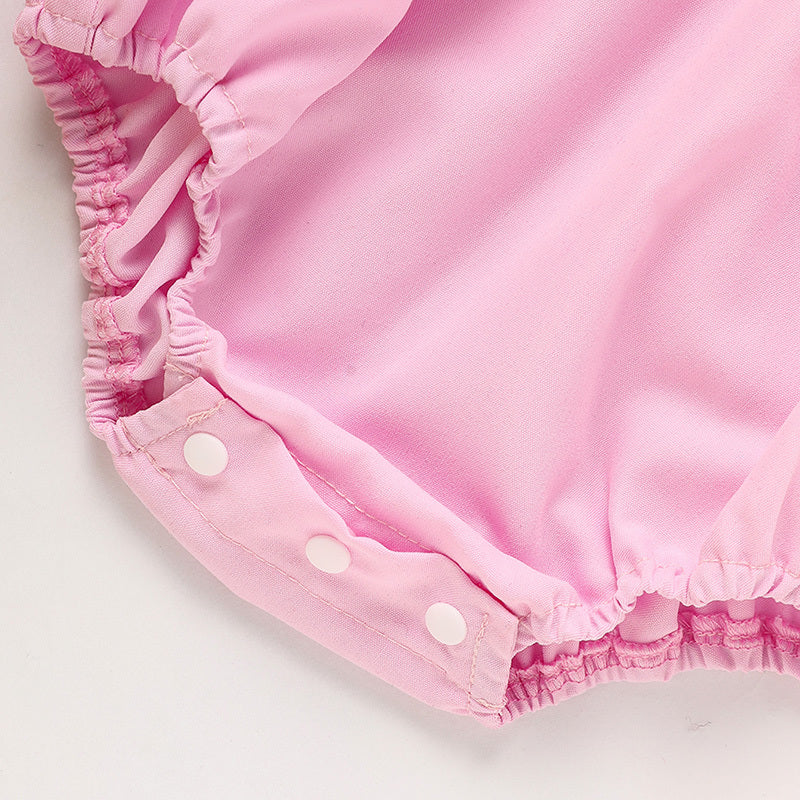 Infant Girls' Cute Birthday Smocked Bubble Romper Short Sleeves Crew Neck Cartoon Embroidery Princess Party Bodysuit