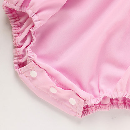 Infant Girls' Cute Birthday Smocked Bubble Romper Short Sleeves Crew Neck Cartoon Embroidery Princess Party Bodysuit