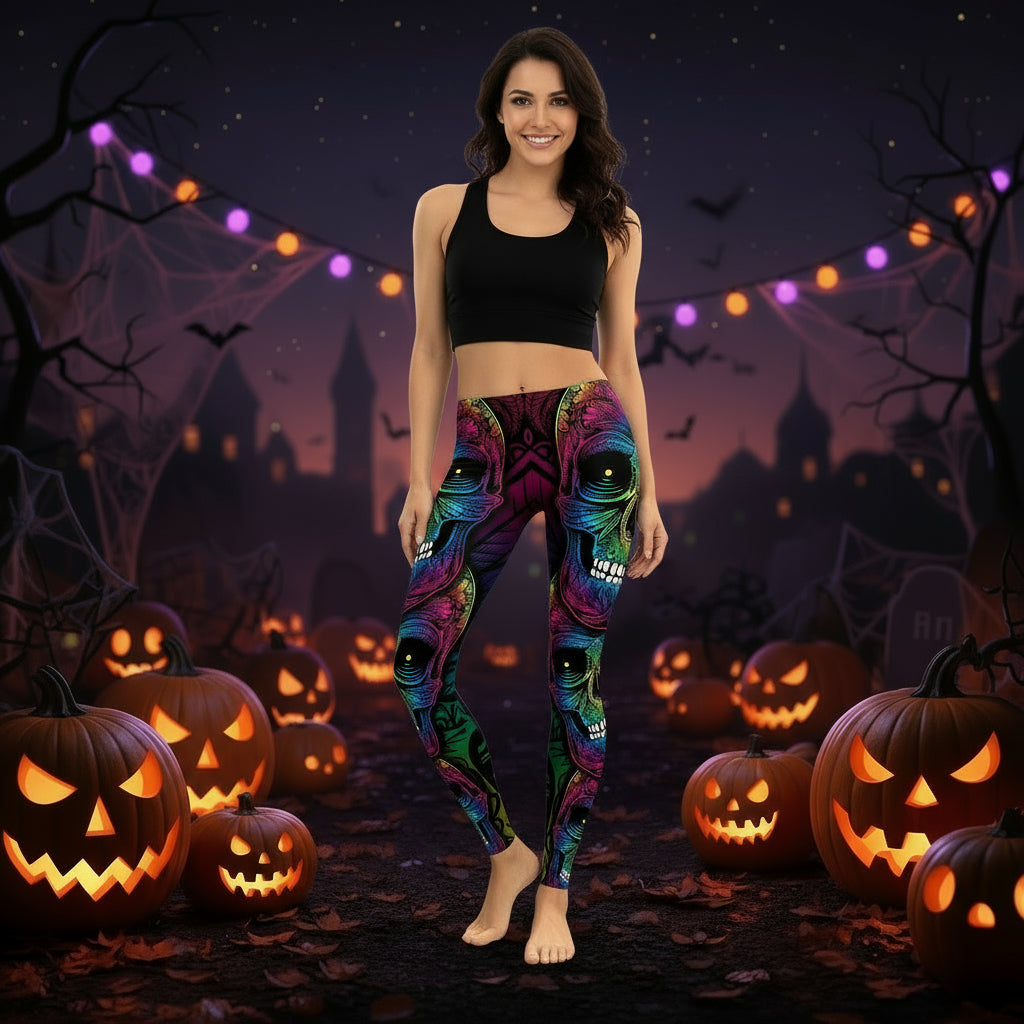 Rainbow Skull Women Plus Size Leggings Workout Casual High Waist Slim Leggings