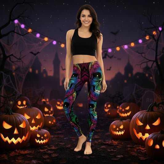 Rainbow Skull Women Plus Size Leggings Workout Casual High Waist Slim Leggings