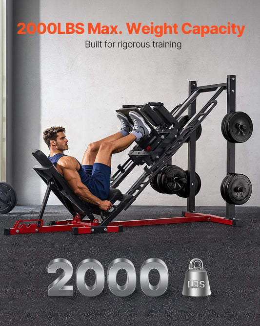 Black leg press hack squat machine with angled sled and adjustable footplate