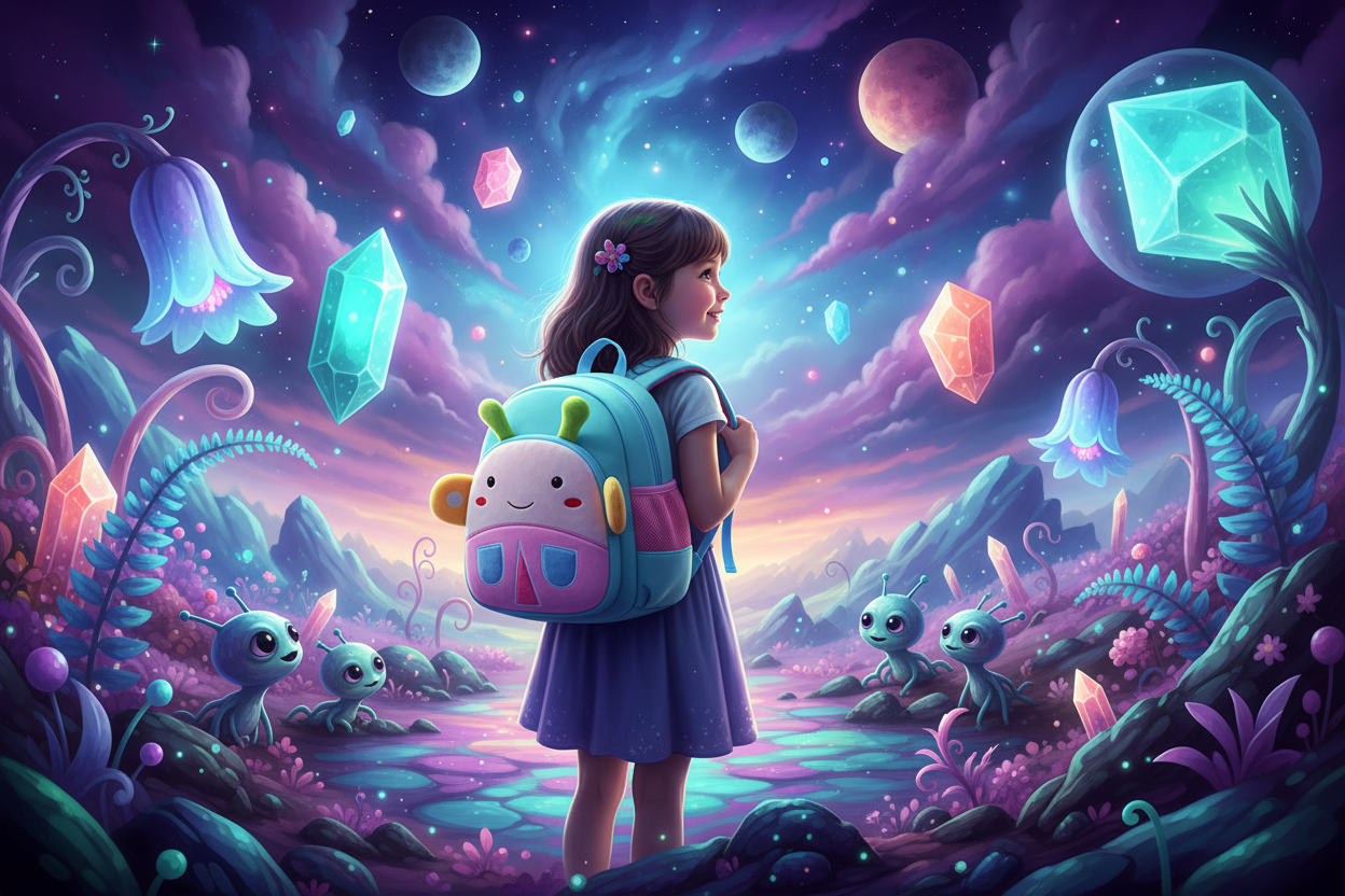 Children's teal backpack with cute bear face and front pocket, shown from behind