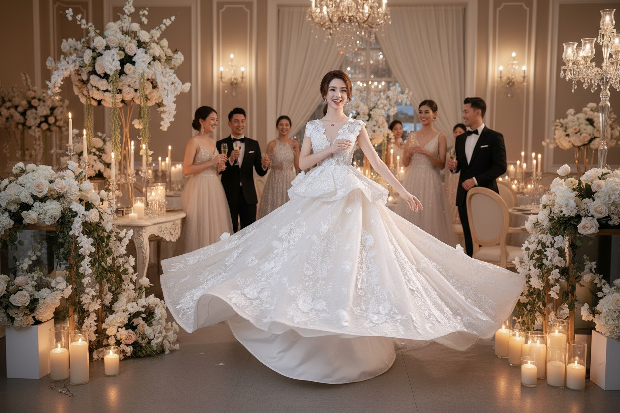 White lace bride dress with high neckline, illusion bodice, and full skirt with train