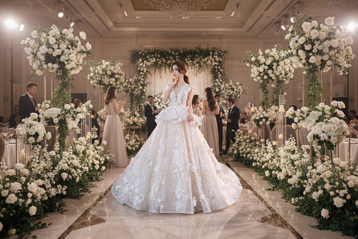 White lace bridal gown with fitted bodice, layered skirt, and delicate appliqué pattern