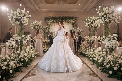 White lace bridal gown with fitted bodice, layered skirt, and delicate appliqué pattern