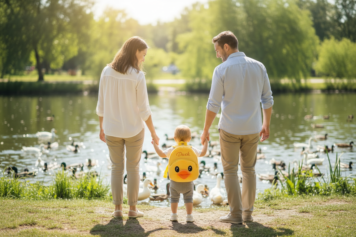 Plush duck-themed toddler backpack in yellow with soft character face