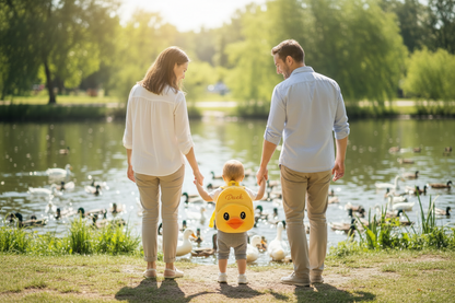 Plush duck-themed toddler backpack in yellow with soft character face