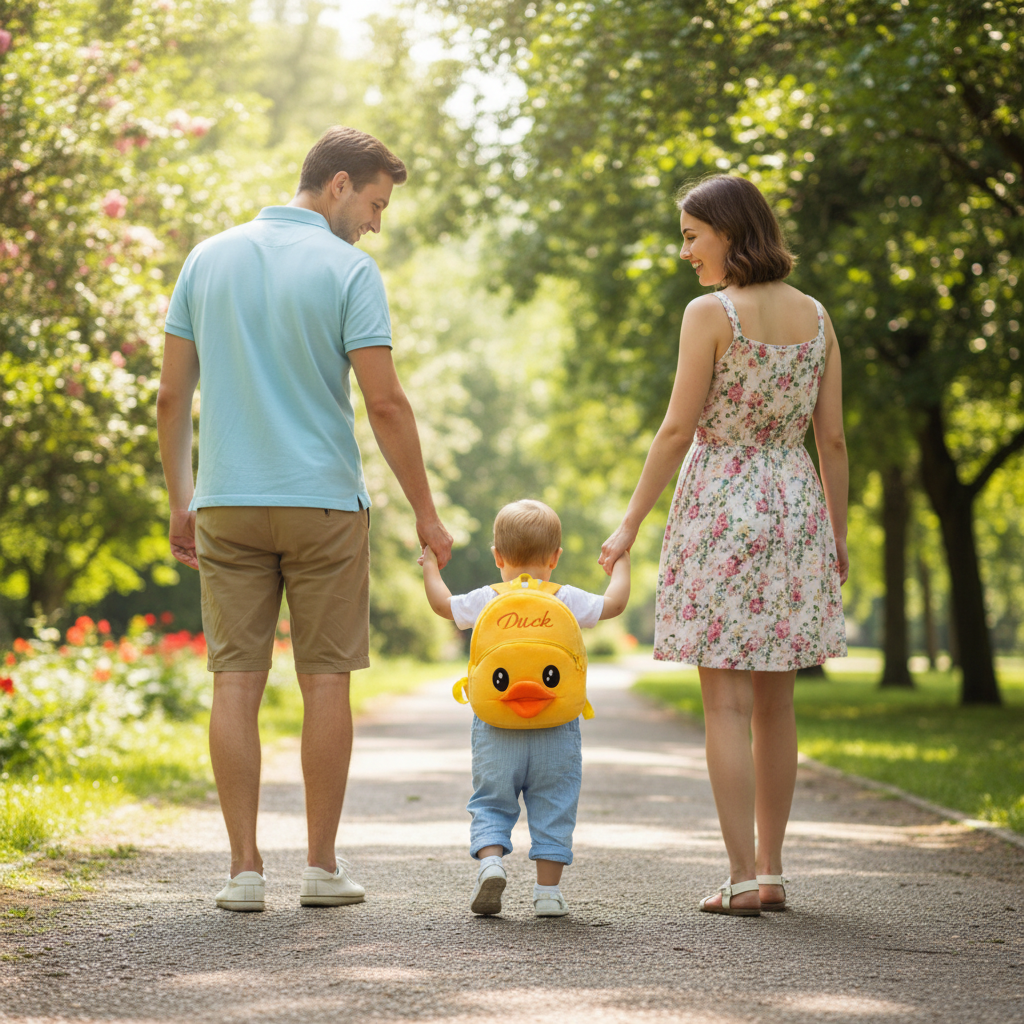 Duck plush baby backpack with yellow head, orange beak, and “Duck” label