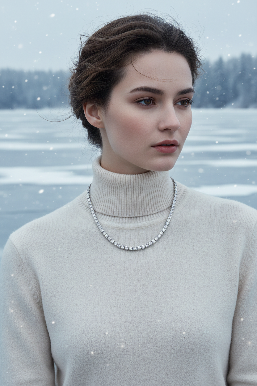Silver rhinestone necklace layered at collar, with bright pavé sparkle