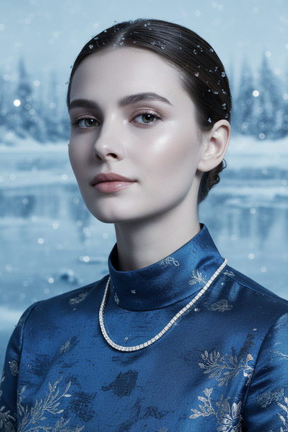 Close-up: silver diamond tennis necklace on model, fine stone band at collarbone