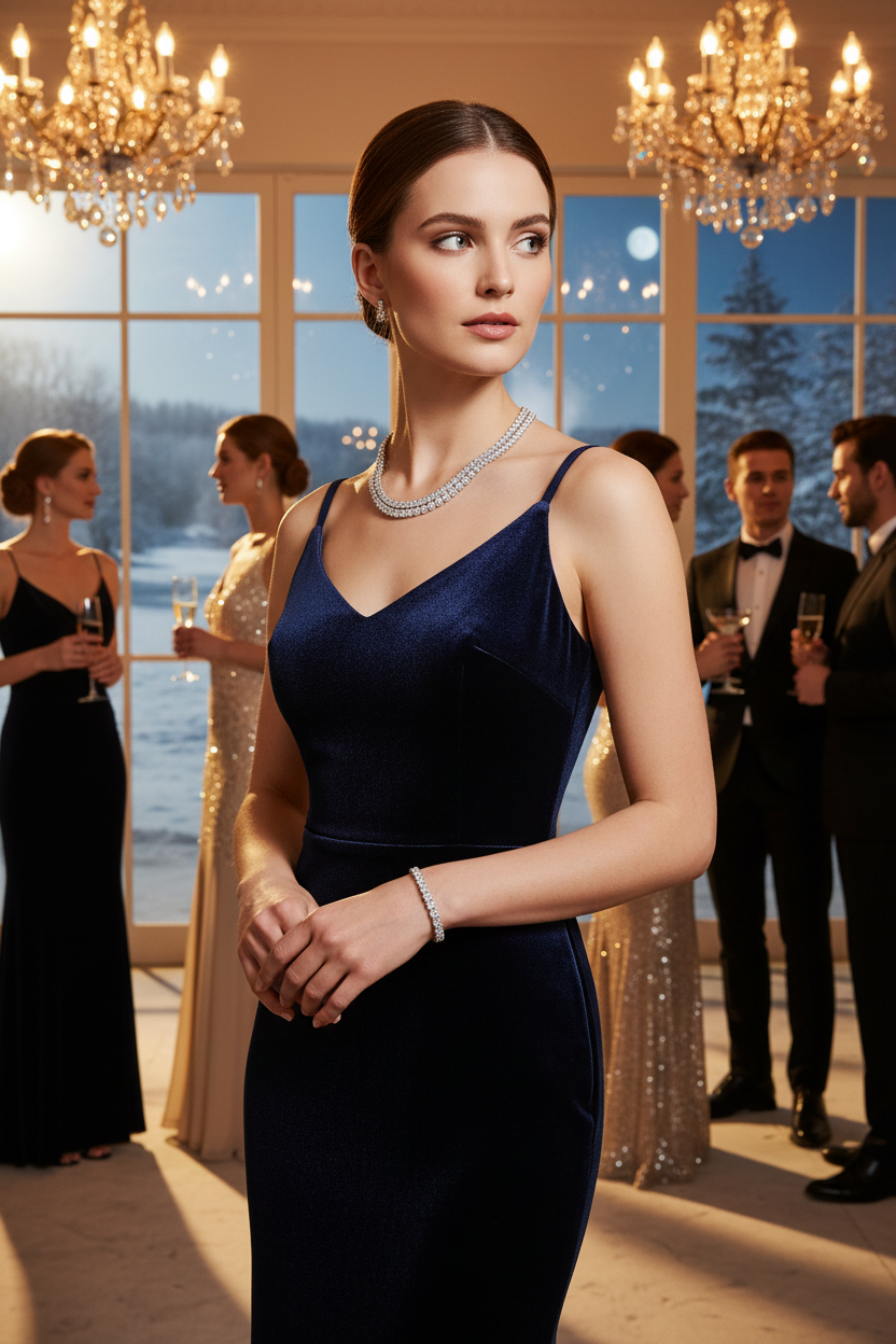 Silver diamond tennis necklace on model, short choker-style sparkle with matching bracelet