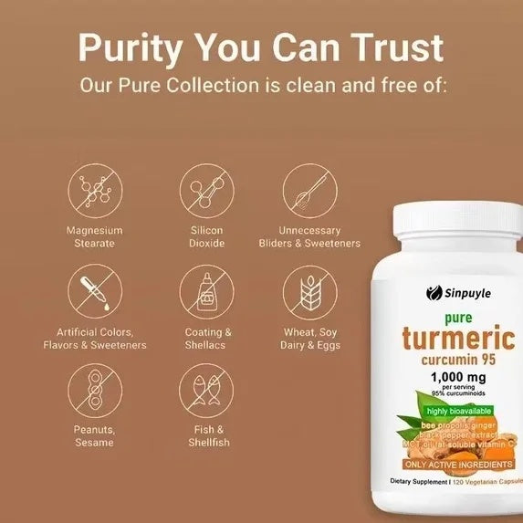 Turmeric supplement bottle with purity icons and 1,000 mg curcumin 95 label
