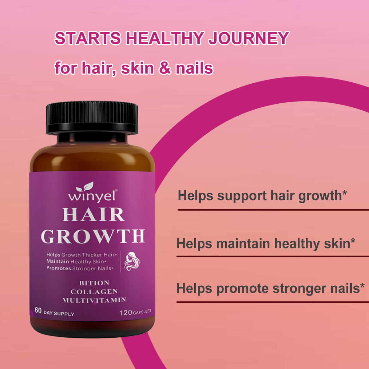 Hair growth supplement bottle, amber bottle with black cap and purple label