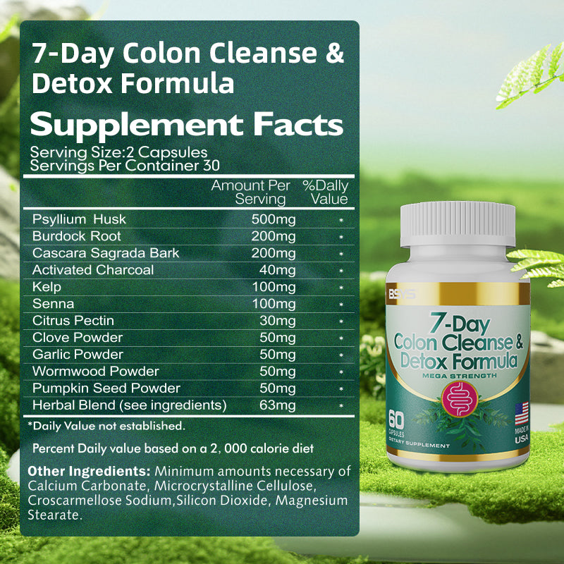 Colon cleanse supplement bottle with white cap and green-gold label beside supplement facts