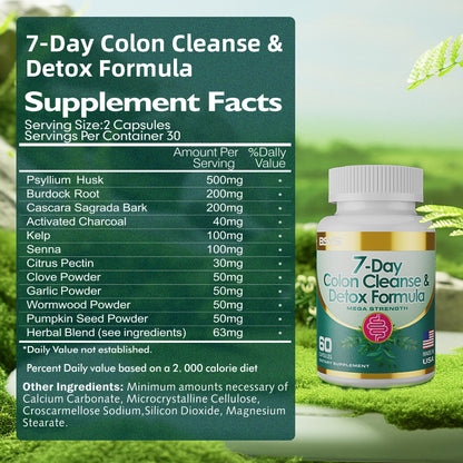 Colon cleanse supplement bottle with white cap and green-gold label beside supplement facts